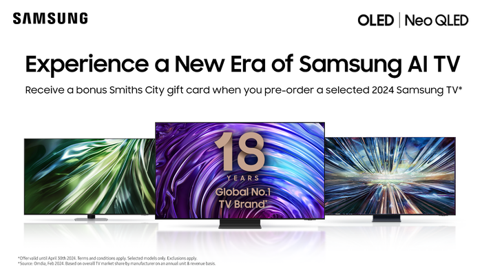 Receive a bonus $1000 Smiths City gift card when you pre-order eligible 2024 Samsung TVs*