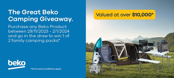 Be in to win 1 of 2 epic family camping prize packs when you purchase any Beko product*