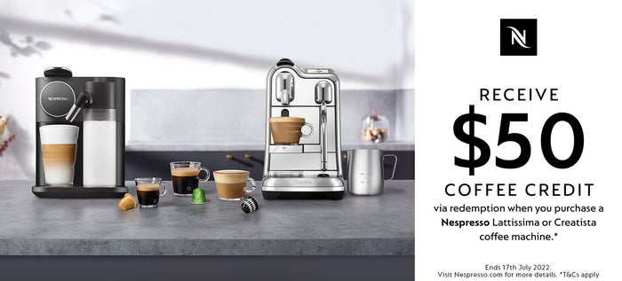 Buy an eligible Nespresso Creatista coffee machine and receive $50 coffee credit via redemption*