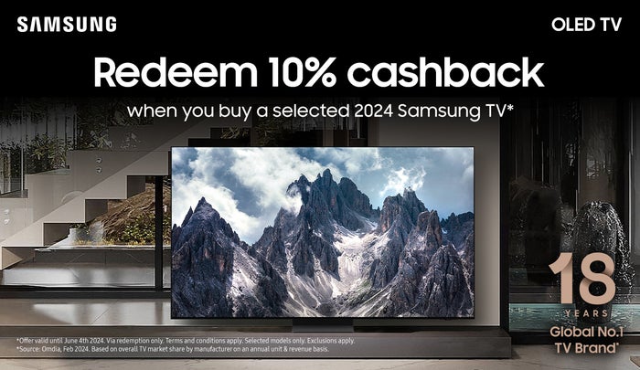 Buy a selected 2024 Samsung TV, get 10% cashback via redemption*